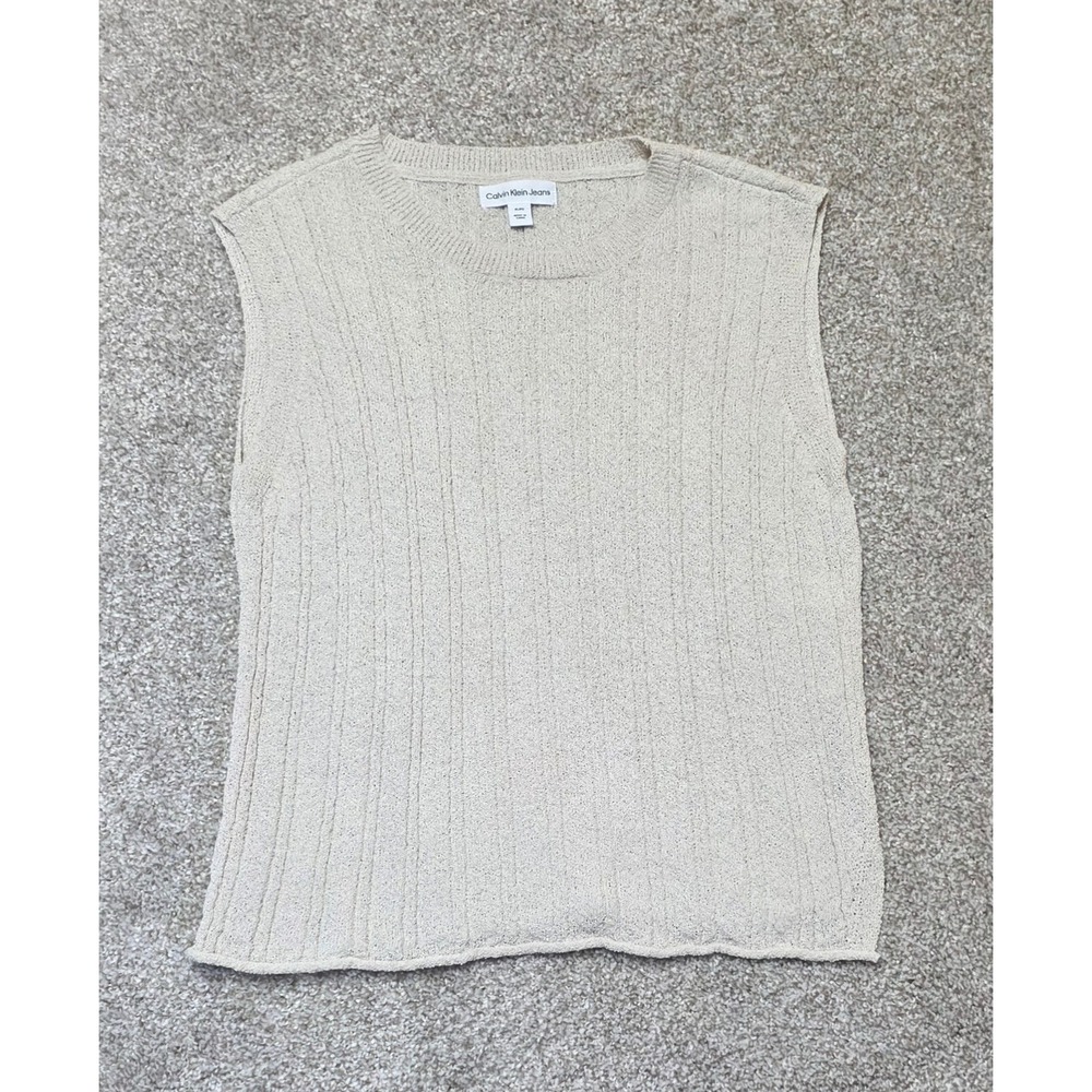 Calvin Klein Jeans Womens Beige Ribbed Knit Sleeveless Sweater Vest Petite L
389
